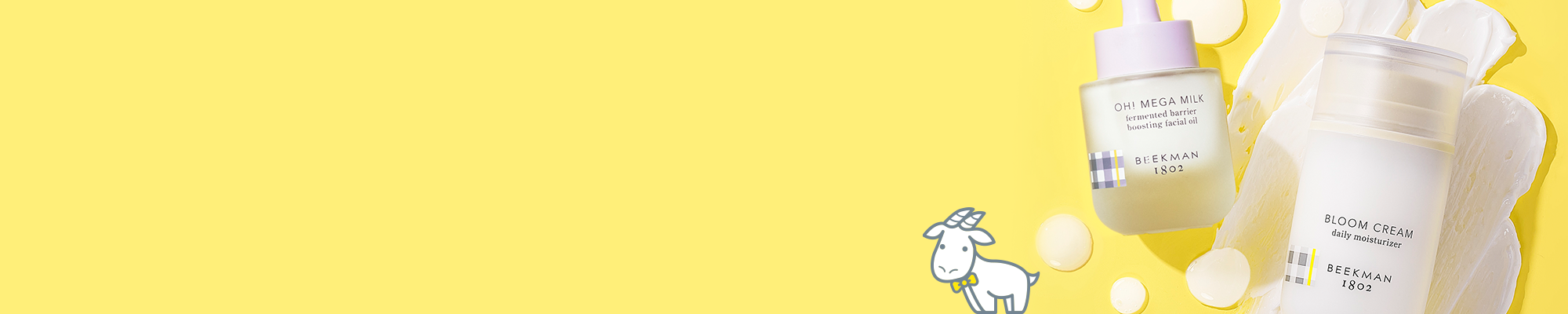  Bottle of Beekman 1802's Bloom Cream Daily Moisturizer and Oh! Mega Milk Facial Oil on a yellow background to the far right of the image, next to their texture swipes and an image of a white cartoon Goatie.