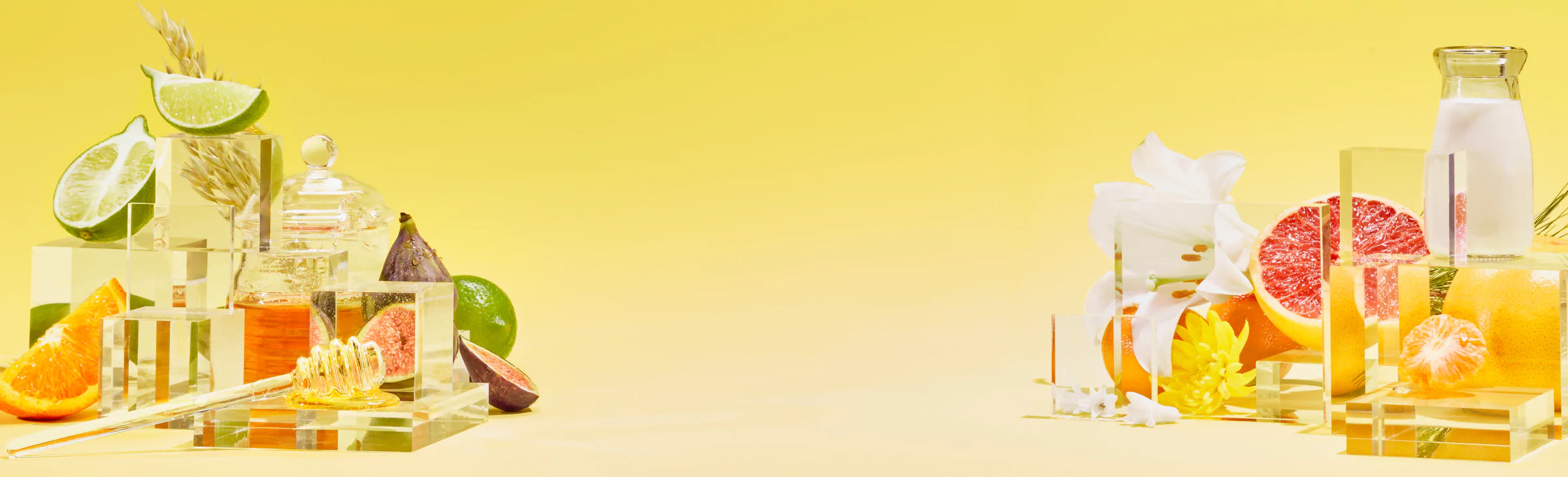 Variety of fragrance ingredients set against yellow background, including honey, limes, grapefruit, goat milk, oranges, and flowers 